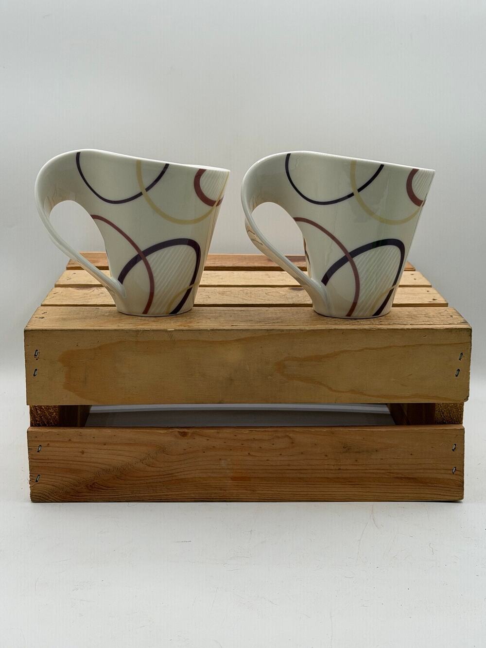 Vintage Villeroy & Boch Fine China Wave Handle Abstract Swirl Mugs - Set of 2